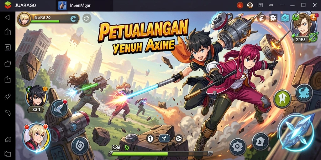 Screenshot gameplay JUARAGO yang menunjukkan karakter anime beraksi dalam pertempuran.