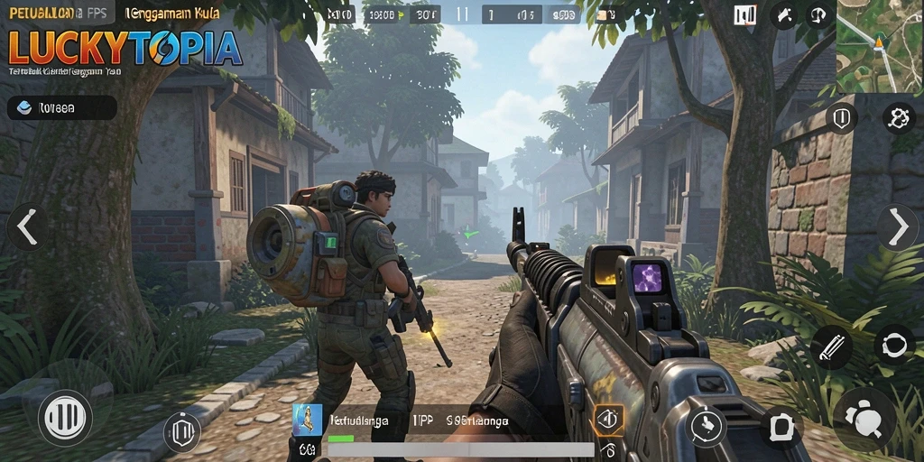 Screenshot gameplay LUCKYTOPIA yang penuh aksi FPS.
