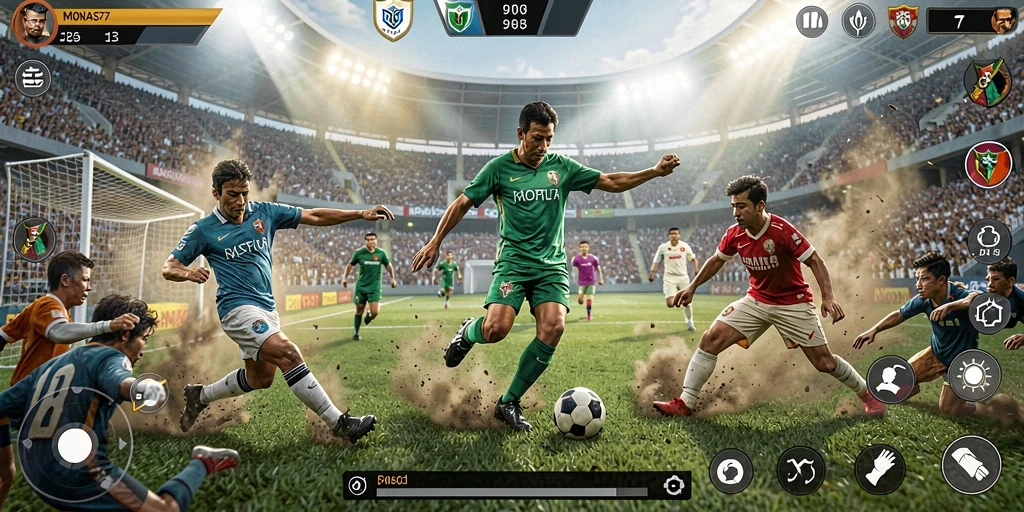 Tangkapan layar gameplay <strong>MONAS77</strong> menampilkan aksi seru di lapangan sepak bola.