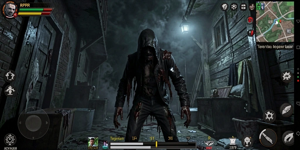 Tampilan gameplay yang menegangkan dalam RPRR saat menjelajahi suasana kegelapan.