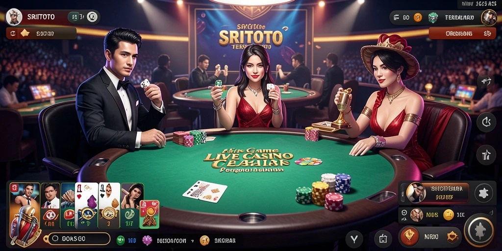 Screenshot gameplay SRITOTO yang menampilkan dealer dan pemain dalam suasana kasino langsung.